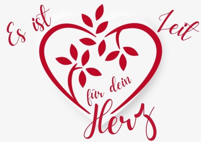 Rotes Herz mit Blattmotiv und kalligrafischem Text: Es ist Zeit für dein Herz - Symbol für Selbstfürsorge, Achtsamkeit und Wachstum, sowie emotionale Heilung